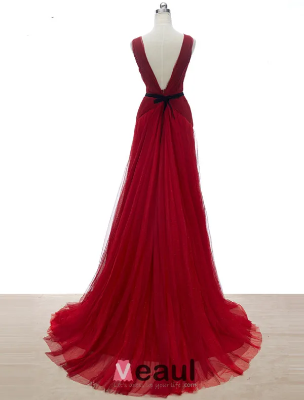 A-line Deep V-neck Glitter Rhinestone Sash Burgundy Tulle Evening Dress
