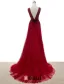 A-line Deep V-neck Glitter Rhinestone Sash Burgundy Tulle Evening Dress