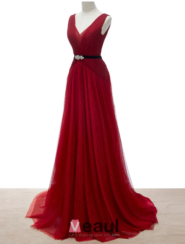 A-line Deep V-neck Glitter Rhinestone Sash Burgundy Tulle Evening Dress