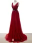 A-line Deep V-neck Glitter Rhinestone Sash Burgundy Tulle Evening Dress