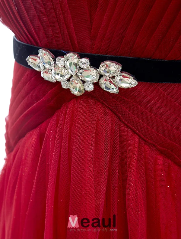 A-line Deep V-neck Glitter Rhinestone Sash Burgundy Tulle Evening Dress
