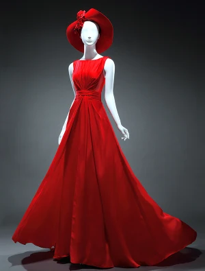 Einfache A Line Quadratischen Ausschnitt Sicke Handgefertigten Blumen Backless Klassischen Roten Satin Abendkleid