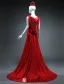 Simple A-line Square Neckline Beading Handmade Flowers Backless Classic Red Satin Evening Dress