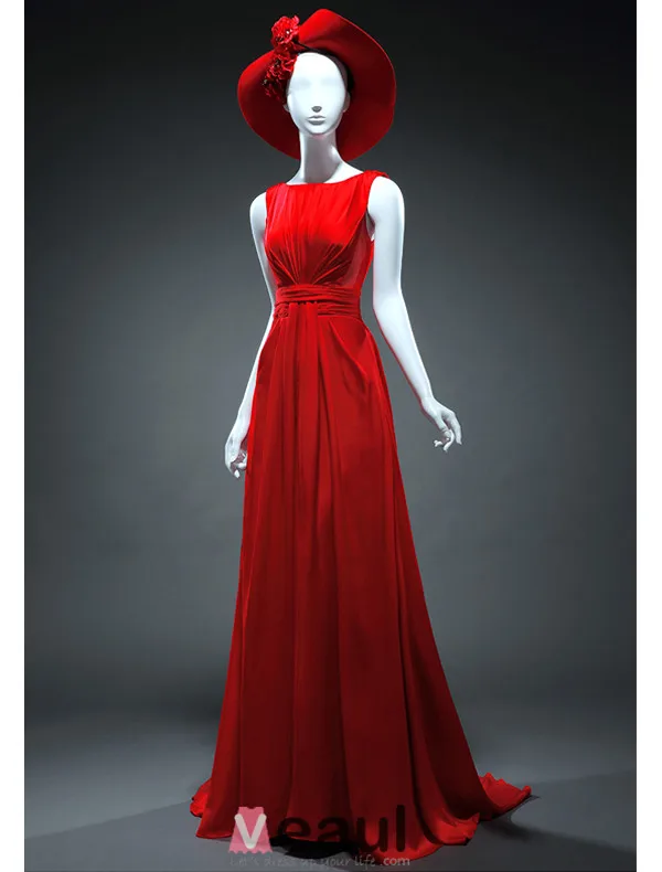 Simple A-line Square Neckline Beading Handmade Flowers Backless Classic Red Satin Evening Dress