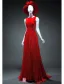 Simple A-line Square Neckline Beading Handmade Flowers Backless Classic Red Satin Evening Dress