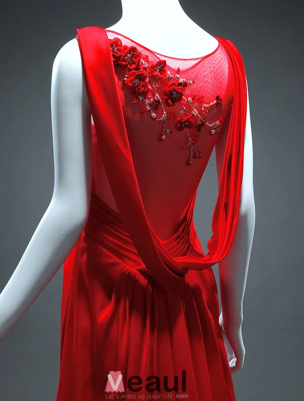 Simple A-line Square Neckline Beading Handmade Flowers Backless Classic Red Satin Evening Dress