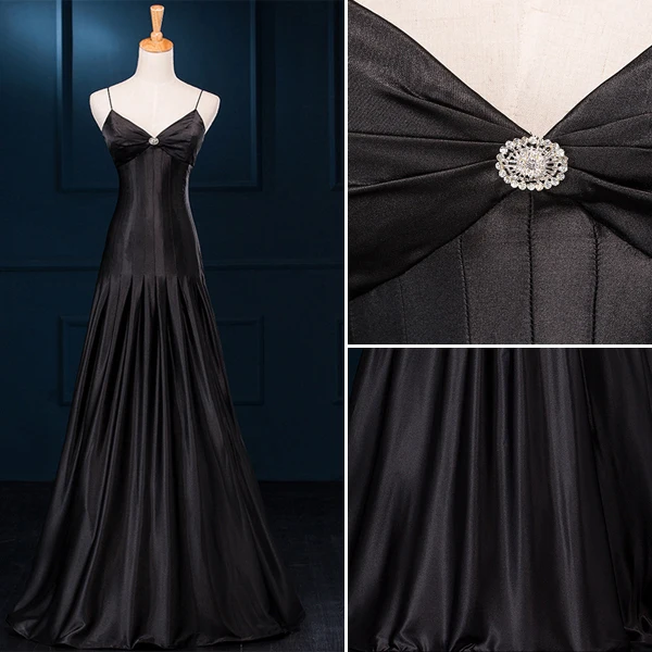 Simples Bretelles Spaghetti Une Ligne Volants Robe De Soirée En Satin Noir