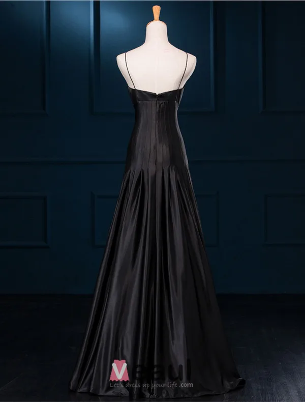 Simples Bretelles Spaghetti Une Ligne Volants Robe De Soirée En Satin Noir