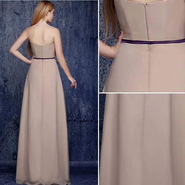 Enkel Stroppeløs Ruffle Champagne Chiffon Brudepike Kjole Med Sash