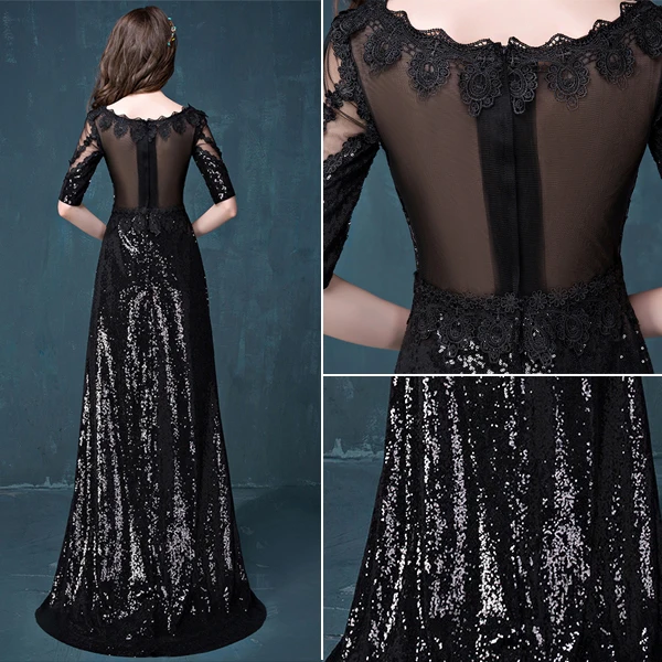 Empire Square Neckline Lace Flowers Black Sequins Evening Dress