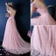 Luxury A-line Square Neckline Beading Pearl Silk Lace Pink Evening Dress