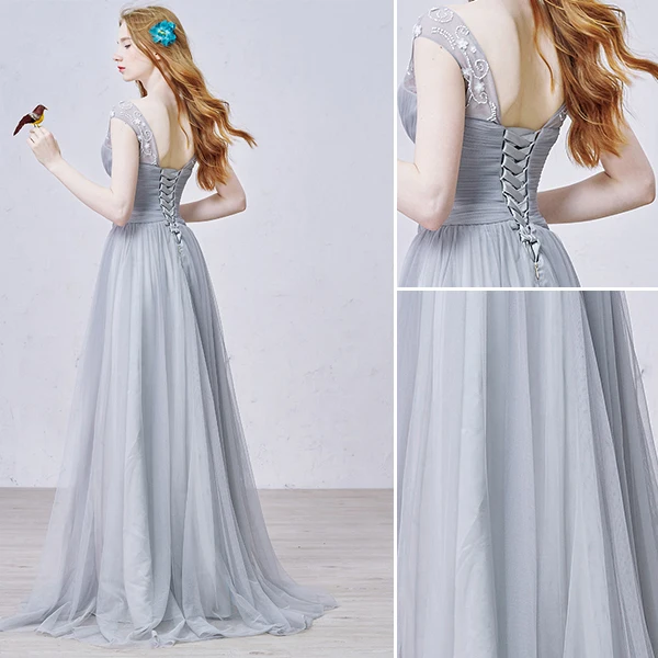 2015 A-line Lace Square Neckline Beading Ruffle Grey Tulle Evening Dress