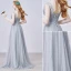 2015 A-line Lace Square Neckline Beading Ruffle Grey Tulle Evening Dress
