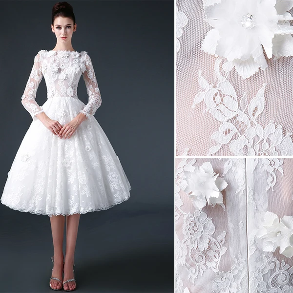 2015 A-ligne Décolleté Carré, Manches 3/4 En Dentelle Et Des Fleurs Robe De Mariée Courte