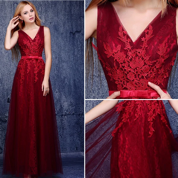 Une Ligne De V-cou Appliques De Dentelle Bordeaux Robe De Soirée De Tulle