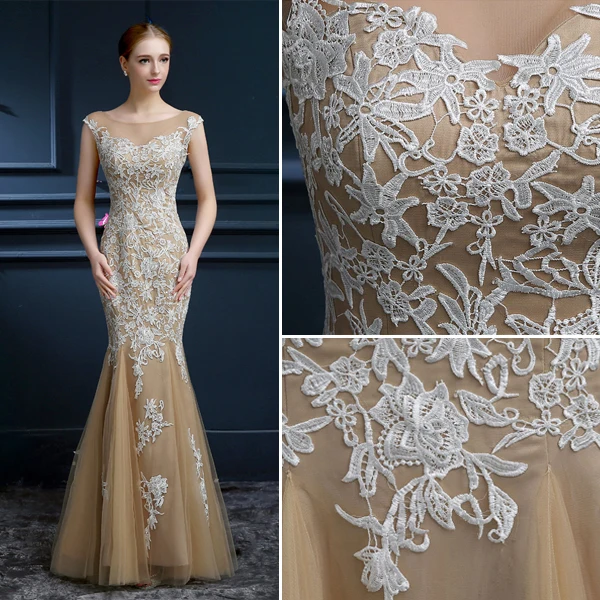 Luxury A-line Mermaid Square Neckline Backless Lace Champagne Tulle Evening Dress