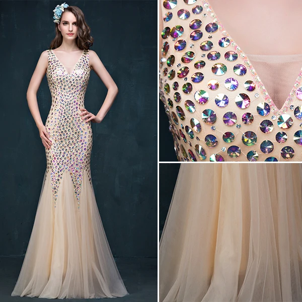 Glitter Trumpet / Mermaid V-neck Beading Rhinestone Backless Champagne Evening Dress/ Prom Dress