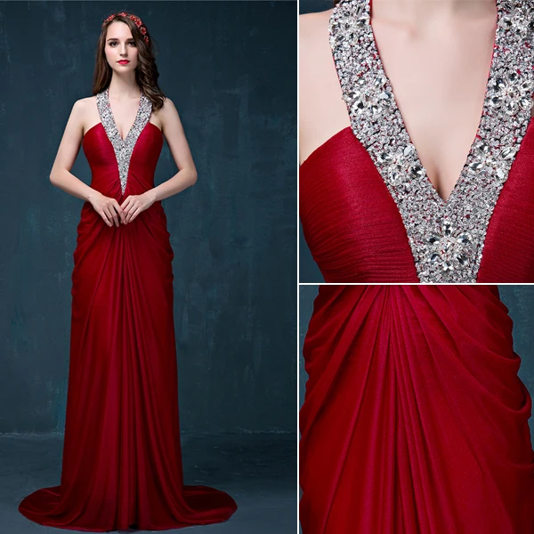 A-line Beading Paljetter Grimma V-ringad Backless Rufsa Charmeuse Aftonklänning