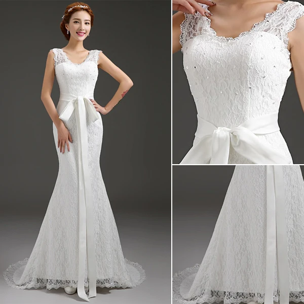 Mermaid V-neck Beading Bow Sash Backless Lace Wedding Dress