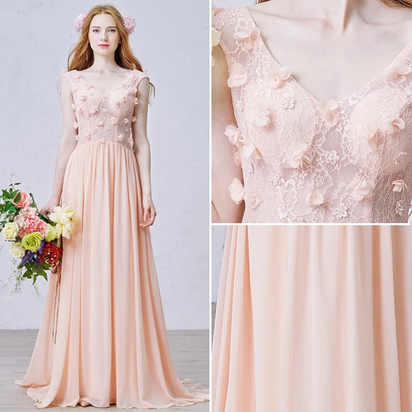 A-ligne Percé À La Main Des Fleurs De Dentelle Sans Dossier Perle Robe De Soirée En Mousseline De Soie Rose
