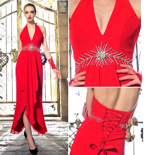 Mode Grimma V-ringad Beading Rhinestonekristallen Backless Röd Chiffong Aftonklänning