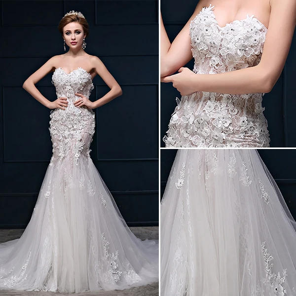 Sweetheart Sirène Sexy Fleurs En Dentelle Décolleté Manches Robe De Mariage De Fuite