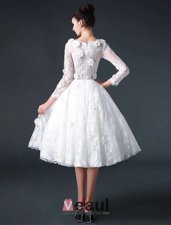 2015 A-ligne Décolleté Carré, Manches 3/4 En Dentelle Et Des Fleurs Robe De Mariée Courte