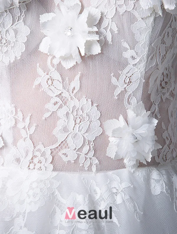 2015 A-ligne Décolleté Carré, Manches 3/4 En Dentelle Et Des Fleurs Robe De Mariée Courte
