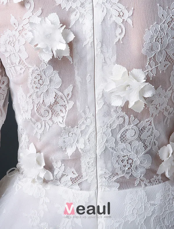 2015 A-ligne Décolleté Carré, Manches 3/4 En Dentelle Et Des Fleurs Robe De Mariée Courte