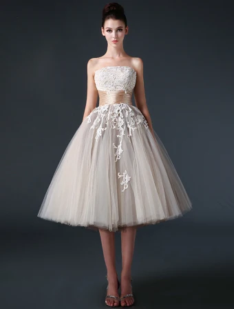 2015 Ball Gown Strapless Ruffle Sash Appliques Lace Tulle Short Champagne Wedding Dress