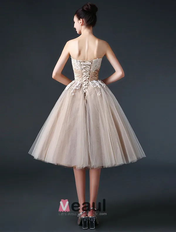 2015 Ballkleid Rüschen-spitze-tulle Appliques Champagner Brautkleid Kurz