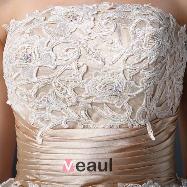 2015 Ballkleid Rüschen-spitze-tulle Appliques Champagner Brautkleid Kurz