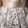 2015 Ball Gown Strapless Ruffle Sash Appliques Lace Tulle Short Champagne Wedding Dress