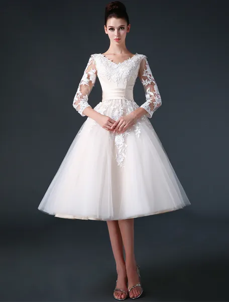 2015 A-line V-neck Ruffle Sash Appliques Lace Short Organza & Satin Wedding Dress