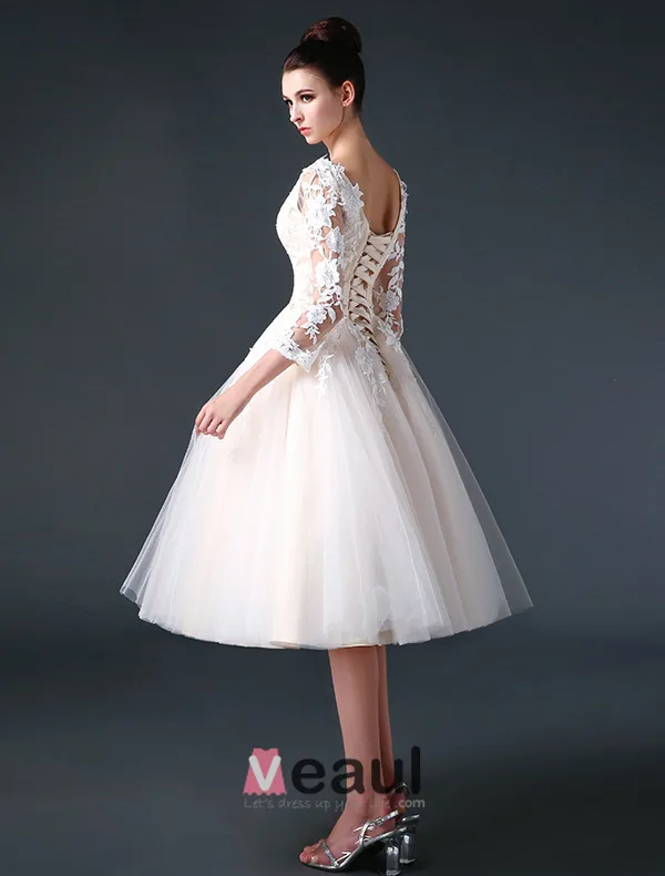 2015 A-Line V-Neck Ruffle Sash Appliques Lace Short Organza & Satin Wedding Dress