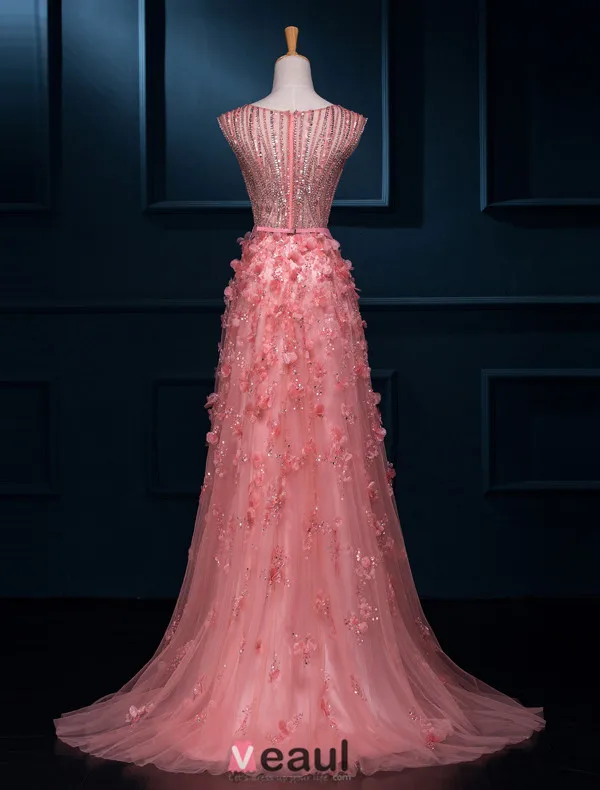 Luxueux Une Ligne Fleurs De Dentelle Col V Profond Perles Paillettes Tulle Robe De Soirée