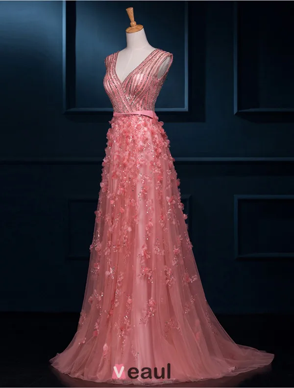 Luxueux Une Ligne Fleurs De Dentelle Col V Profond Perles Paillettes Tulle Robe De Soirée