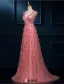 Luxueux Une Ligne Fleurs De Dentelle Col V Profond Perles Paillettes Tulle Robe De Soirée