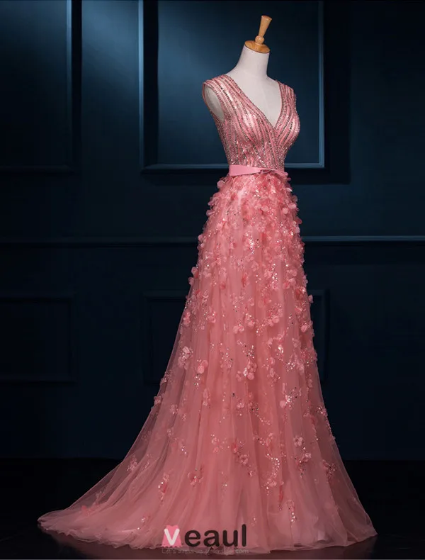 Luxueux Une Ligne Fleurs De Dentelle Col V Profond Perles Paillettes Tulle Robe De Soirée