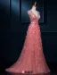 Luxueux Une Ligne Fleurs De Dentelle Col V Profond Perles Paillettes Tulle Robe De Soirée