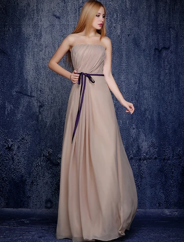 Bretelles À Volants En Mousseline De Soie Robe De Demoiselle D Honneur Champagne Simple Avec Ceinture