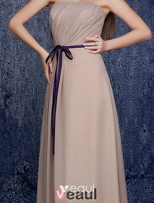 Simple Strapless Ruffle Champagne Chiffon Bridesmaid Dress With Sash