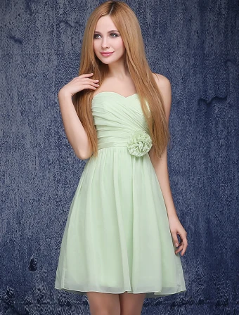 A Line Sweetheart Ruffle Handmade Flower Green Bridesmaid Dress