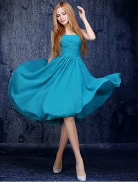 Einfach Ein-schulter-rüsche Knie-länge Chiffon- Jade Brautjunferkleider
