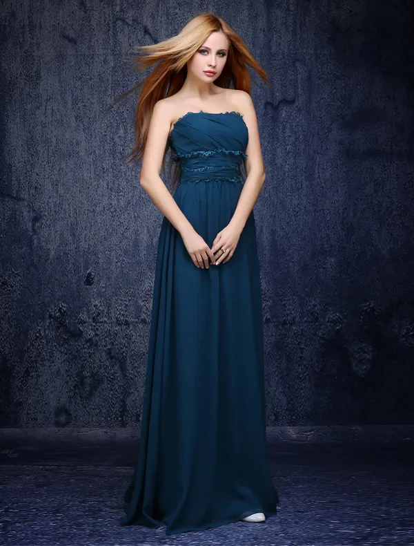 Exquisite Empire Lace Ruffle Sash Ink Blue Chiffon Bridesmaid Dresses 2015