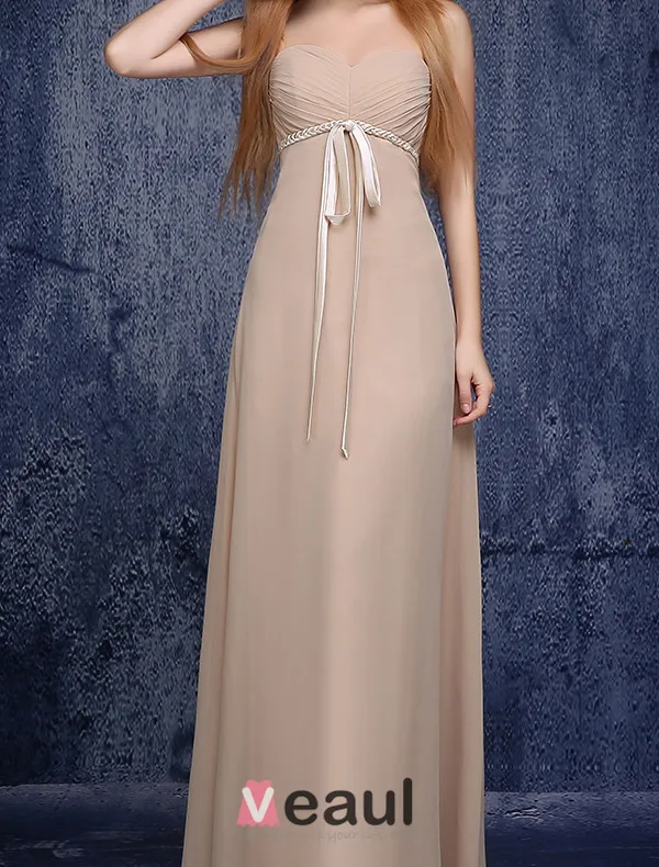 Niedliche Prinzessin Imperium Schatz-rüsche-schärpe Strick Champagner Chiffon Brautjunferkleider