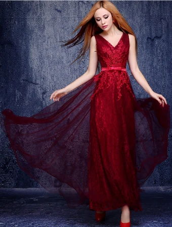 A Line V Neck Appliques Lace Burgundy Tulle Evening Dress