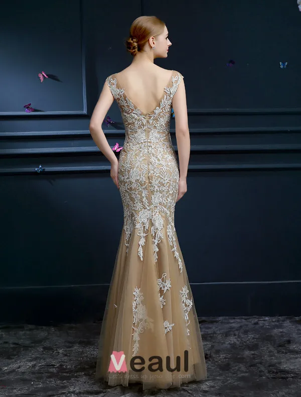 Luxury A-line Mermaid Square Neckline Backless Lace Champagne Tulle Evening Dress
