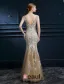 Luxury A-line Mermaid Square Neckline Backless Lace Champagne Tulle Evening Dress