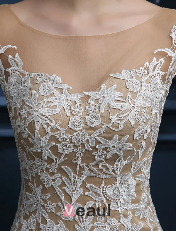 Luxury A-line Mermaid Square Neckline Backless Lace Champagne Tulle Evening Dress